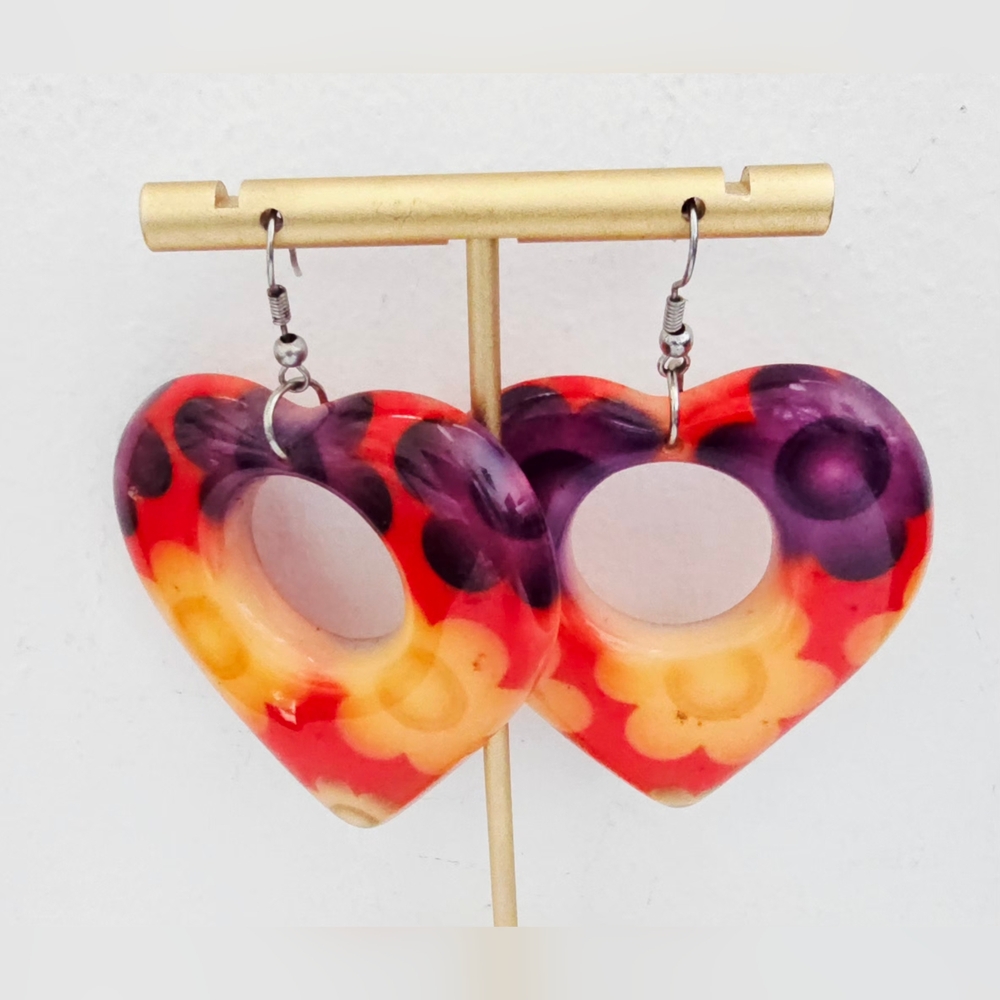 Heart-Shaped Floral psychedelic Earrings - Multicolor - Picture 6 of 7